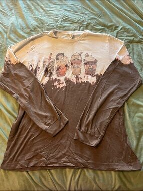 Custom Graphic Tie-Dye Long Sleeve Shirt with Halloween Print - Brown & Cream